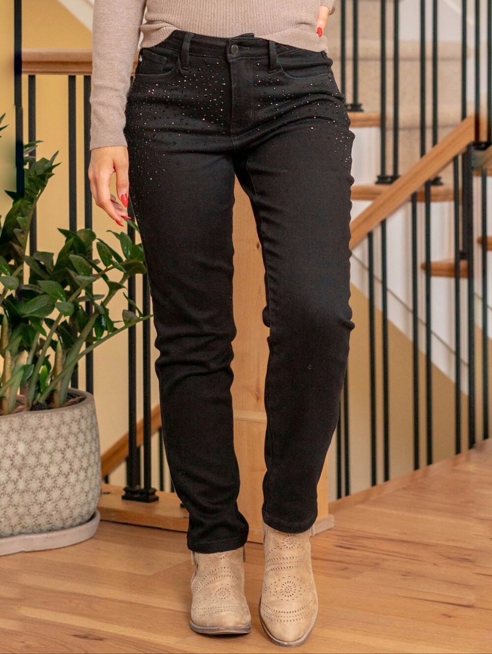 Judy Blue Rhinestone Studded High Rise Slim Fit jeans black denim womens 13 / 31